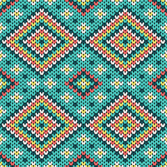 Fototapeta premium Bright and lively knitted pattern with layered diamond shapes in teal, red, yellow, black, and white. Perfect for textiles, cozy crafts, vintage-inspired, and handmade creative projects.
