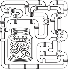 Abstract industrial pipeline system design; jar of swirling lines; monochrome graphic illustration, plumbing