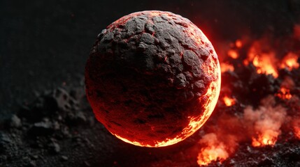A dreamy 3D render of a magma sea surface planet with soft glowing surface textures, surrounded by burning meteor showers . Set against a deep black space background, the scene features fiery glow