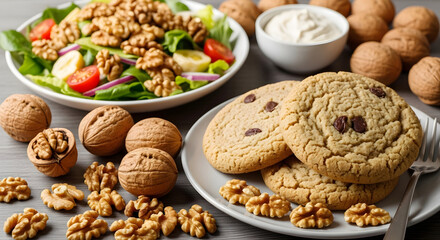 Fototapeta premium Delicious and healthy walnut salad with fresh ingredients, cookies, and walnuts, perfect for food blogging and culinary projects