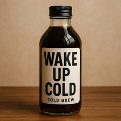 A bottle of cold brew coffee with a black cap sits on a wooden surface