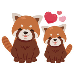 お座りした笑顔のレッサーパンダの親子イラスト