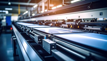 Industrial production line with panels with manufacturing facility interior, and technology.