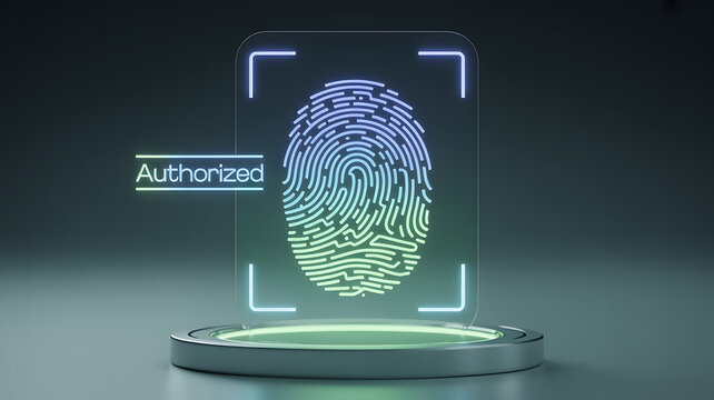 Glowing fingerprint scan with authorized text on a futuristic platform isolated on a transparent background
