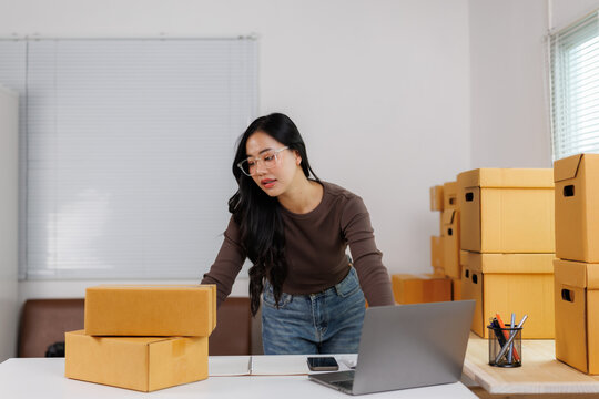 Asian female entrepreneur working in home office with cardboard boxes and laptop
