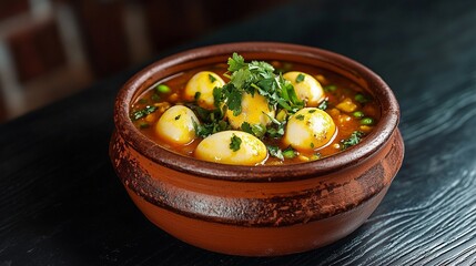 Hard-boiled eggs cooked in tomato-based spicy gravy, served in a clay bowl with and green chili and cilantro garnish.