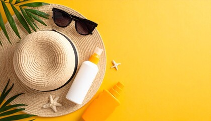 Summer Essentials: Sun Hat, Sunglasses, Sunscreen, and Starfish on Yellow Background