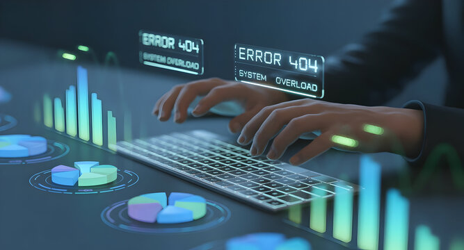 Holographic charts overlaying computer keyboard