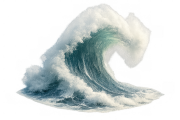 Massive ocean wave cresting and surging, generating explosive white foam, transparent backdrop highlighting powerful marine dynamics