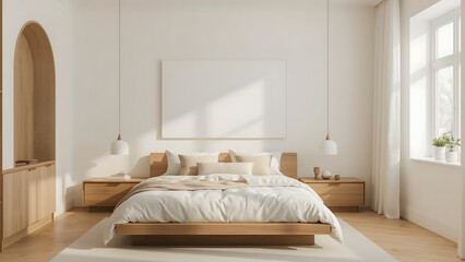 Serene Minimalist Bedroom:  Light Wood Platform Bed, Blank Canvas, Natural Light, and Modern Design.