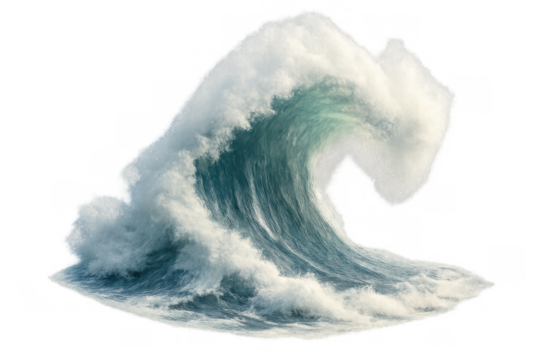 Massive ocean wave cresting and surging, generating explosive white foam, transparent backdrop highlighting powerful marine dynamics