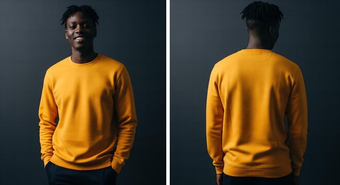 A diptych of a Black male model in a confident pose, wearing a vibrant, mustard yellow crewneck sweatshirt against a dark charcoal grey background.