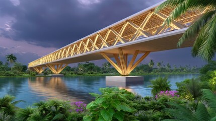 Naklejka premium Tropical Bridge Architecture - Bamboo Design & River Crossing
