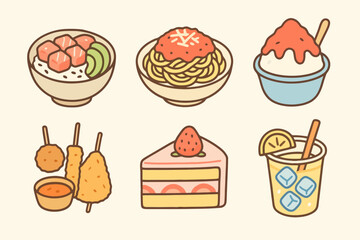Colorful hand-drawn food icons for festivals. Features poke bowl, pasta, cake, lemonade, skewers, and shaved ice with soft lines and friendly cartoon look.