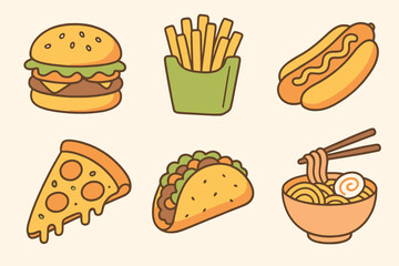Cartoon set of fast food icons for festivals. Includes burger, fries, hot dog, taco, pizza slice, and ramen in a hand-drawn colorful style.