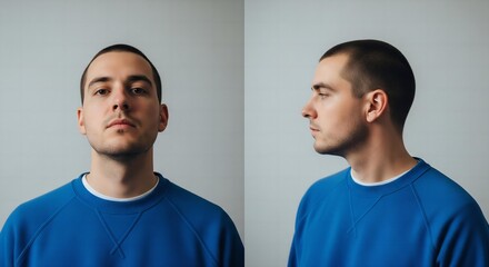 A diptych of a clean-shaven man wearing a blank, royal blue crewneck sweatshirt against a simple, light grey background.