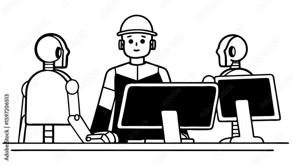 Fototapete Illustration of a person with two robots working at computers on a table in black and white style