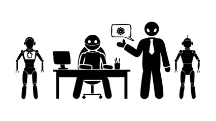 Illustration of robots and a person in a suit discussing technology at a desk with a computer