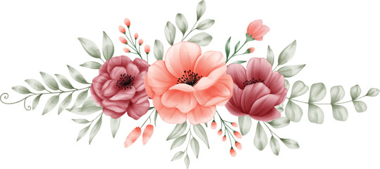 Maroon and Peach Flower Arrangement Bouquet Watercolor