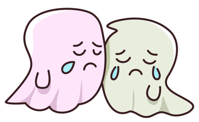 Cute halloween ghost characters crying together showing sadness and comfort in simple cartoon style