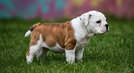 Fototapeta premium White‑Faced Brown Bulldog Puppy on Grass – Adorable Outdoor Pet Photography