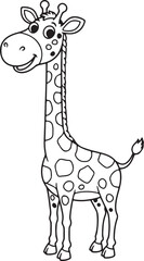 Fototapeta premium Smiling giraffe cartoon character standing tall, simple spots, black and white for kids coloring pages