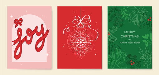 Christmas and Happy holiday greeting card vector set. Elegant wallpaper with holly leaf, tree, bauble, snowflake. Holidays design illustration for cover, print, poster, Happy New Year, ads.