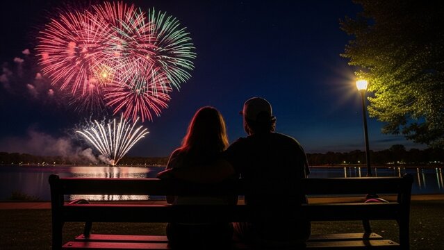 Romantic Fireworks Display: Couple on Bench Watching Night Sky Celebration