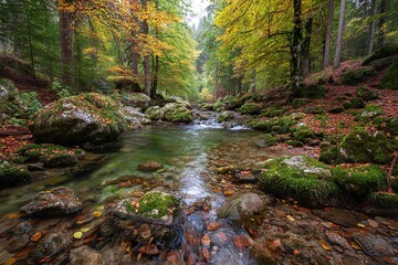 Peaceful forest habitat during autumn with a crystal-clear stream flowing through moss-covered rocks and vibrant fall foliage. The image showcases the natural beauty and biodiversity of temperate fore