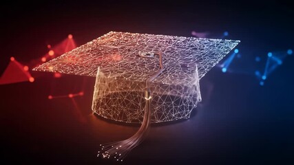 Digital graduation cap, glowing network, education concept