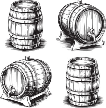 Hand drawn style old wooden wine barrel isolated on transparent background