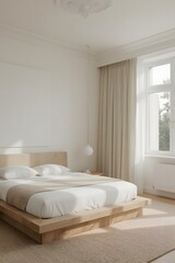 Serene Minimalist Bedroom: Light Wood Platform Bed, Neutral Tones, Natural Light, Calm Atmosphere.