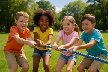 Children playing tug of war outside in a park having fun and enjoying the summer sunshine together