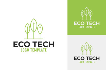 Eco tech logo design with green leaf and digital circuit template vector illustration