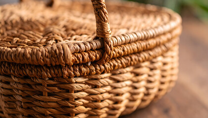 Obraz premium Close-up of Woven Basket with Handle, Showing Texture and Detail