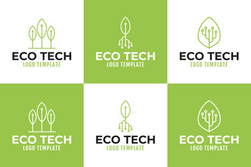 Set collection of eco tech logo design with green leaf and digital circuit template vector illustration