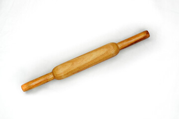 Wooden Dough Roller Isolated on White Background. Rolling Pin for Baking . Vintage Model Still in Use.