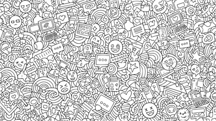 Obraz premium A busy intricate doodle pattern filled with a wide variety of emoticons social media icons and abstract shapes