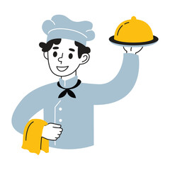 Illustration of a male chef carrying a dish
