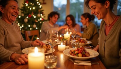 Family enjoying festive dinner together at table with candles  