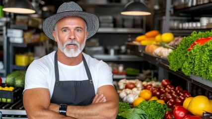 Experienced farmer poses in vibrant market filled with fresh produce and colorful vegetables during sunny afternoon - Powered by Adobe