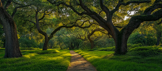 Fototapeta premium Dense, green forests, tall ancient trees, sunlight gently filtering through the canopy of leaves, illuminated patterns on the vibrant grass and moss-covered forest floor.