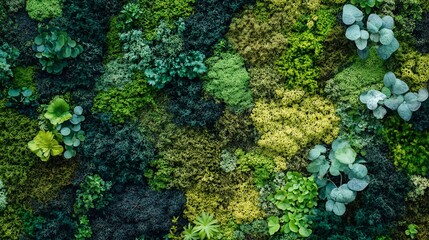 Lush green moss and plant wall, a natural and vibrant botanical background