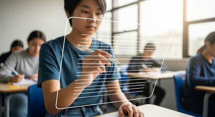Student using stylus on digital interface in classroom with classmates studying together