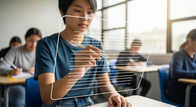 Student using stylus on digital interface in classroom with classmates studying together