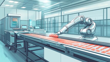 A robotic arm manipulates raw meat products on a conveyor belt within a sterile, high-tech food processing facility.  Clean lines and bright lighting characterize the scene