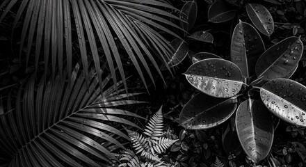 Dramatic black-and-white foliage stands out against a shadowy backdrop, highlighting intricate leaf textures and organic shapes in striking contrast. The minimalist composition creates a timeless, art