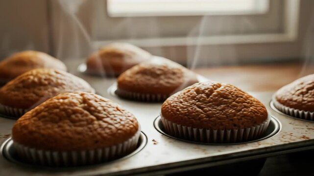 Freshly baked muffins steaming in a baking pan, warm and golden brown.