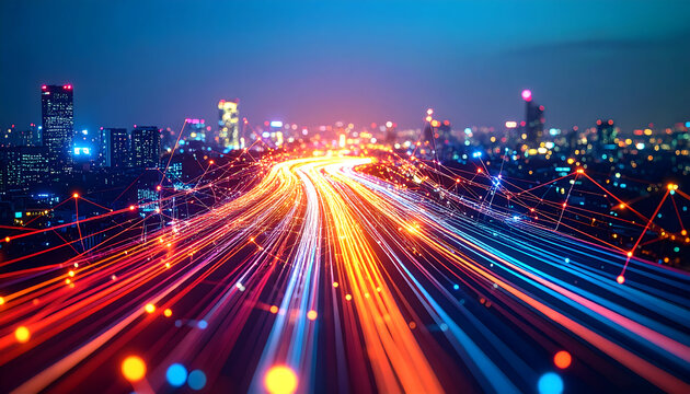 Futuristic Cityscape with Data Stream Lines and Glowing Lights at Night