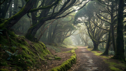 A stone pathway winds through a dark, mossy forest
